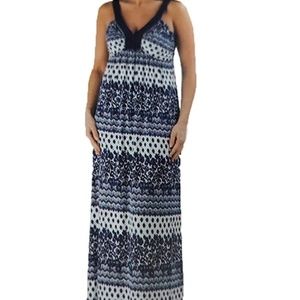 Design History || blue and white patterned maxi dress